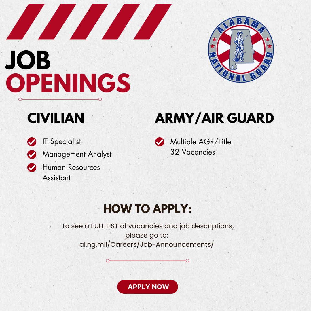 𝗝𝗼𝗯 𝗢𝗽𝗲𝗻𝗶𝗻𝗴𝘀 To see openings and apply: al.ng.mil/Careers/Job-An… Check out these resume tips from the Human Resources Office: youtube.com/watch?v=8YX7o1… archives.gov/files/careers/…