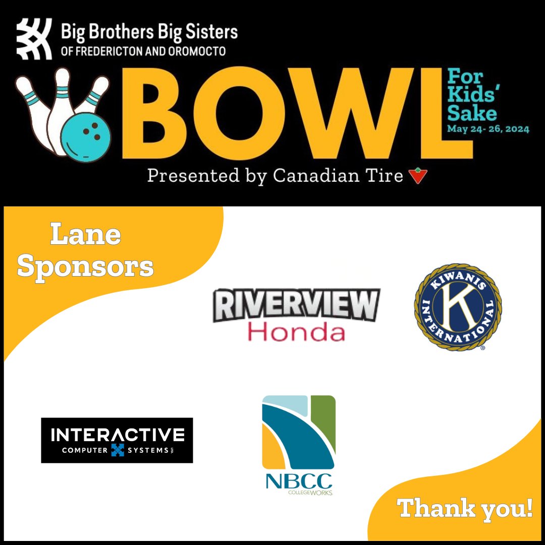 ✨THANK YOU✨ to new sponsors @RiverviewHonda and INTERACTIVE COMPUTER SYSTEMS LTD and returning sponsors KIWANIS CLUB FREDERICTON and @myNBCC ! Your support of @BBBSFreddyOromo's 45th edition of Bowl for Kids' Sake is appreciated. 🩵 To become a sponsor, call 506.458.8941.