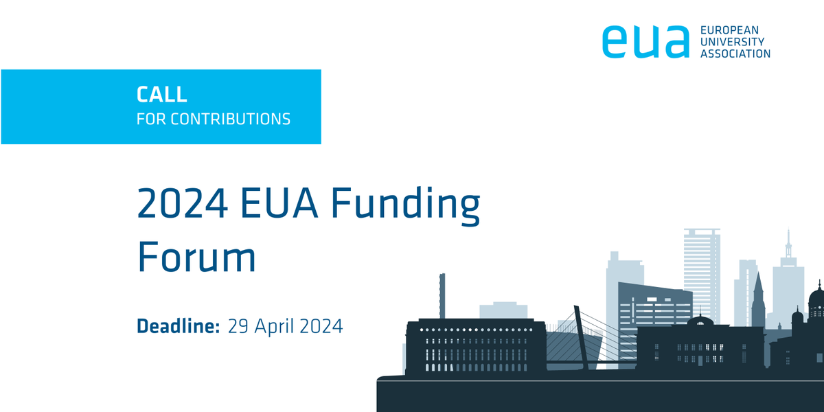 For the 2024 #EUAFundingForum, EUA invites proposals focusing on university #funding at institutional, national or international level for its breakout sessions. 🗓️ The deadline to submit proposals is Monday 29 April 2024 Find out more: bit.ly/3SZLDgR