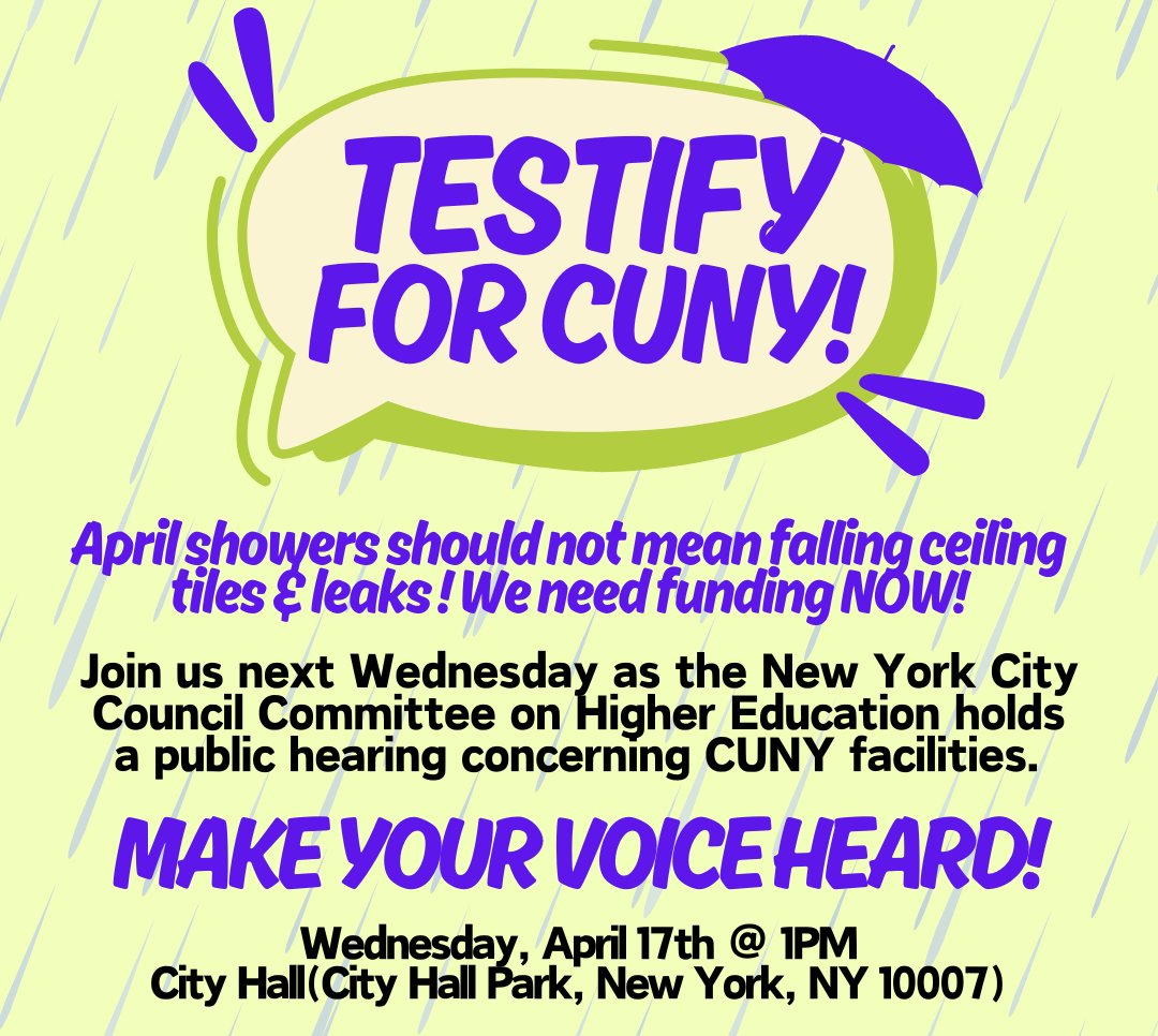 Join us next Wednesday, April 17 at 1pm as the @NYCCouncil Committee on Higher Ed holds a public hearing concerning #CUNY facilities. Join CRA and make your voice heard, and demand that we get funding NOW! Let us know you will be there! #CrumblingCUNY actionnetwork.org/events/council…