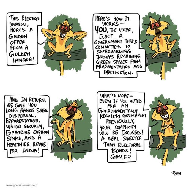In this week’s #greenhumour ,@thetoonguy discusses golden langurs and the upcoming election.