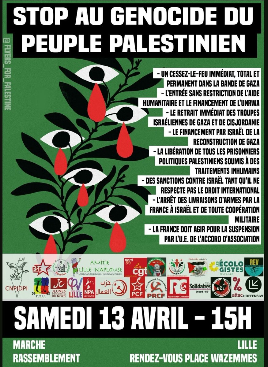 Stop au génocide du peuple palestinien !! Rendez-vous à 15h place de Wazemmes pour un rassemblement & une marche afin de dire stop au génocide du peuple palestinien. La @fsu59_62 sera présente. ✊🏻🖤💚❤️🤍🔥