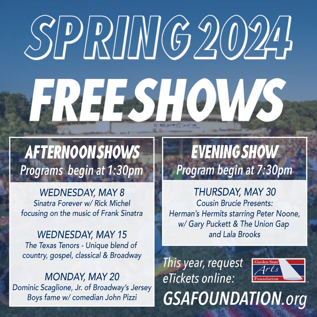 Check out our upcoming FREE Spring 2024 Shows at the @PNCBank Arts Center! Head over to gsafoundation.org to request tickets and find out more #gsafoundation #livenation #pncbank #pncbankartscenter #springconcerts #newjersey #freeconcert