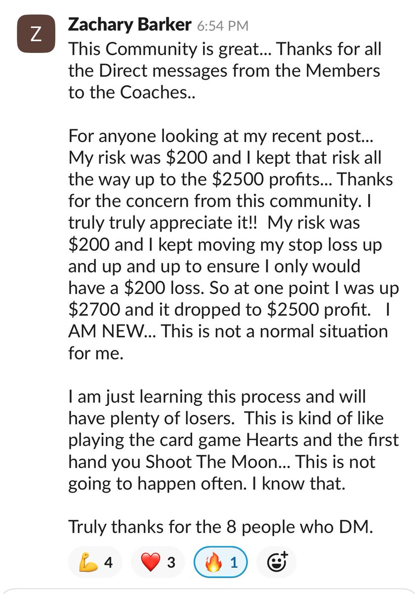 🚨Zach made $2,500 on a 4k account What did all the coaches + students do? Reach out to make sure he was using proper risk management THAT is a community you should be in If your “guru” is promoting a profit where someone went all in… don’t listen to them ✌️