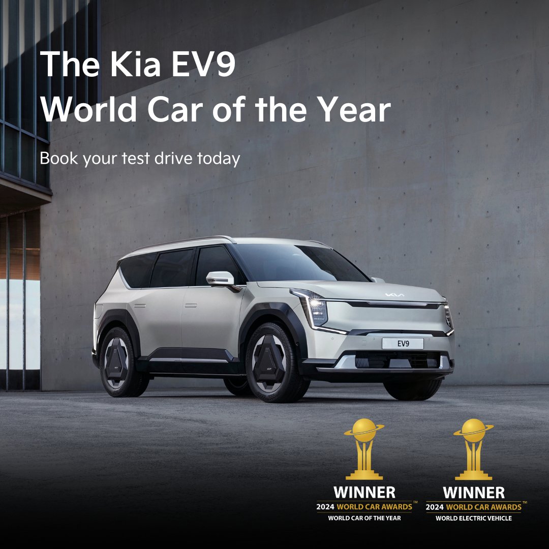 The fully electric Kia EV9 has up to 349 mile range and 7 seats as standard, with a 6 seat option available. This is our newest, most generation-defining electric car. Discover the World Car of the Year by visiting tinyurl.com/4smss5nx
