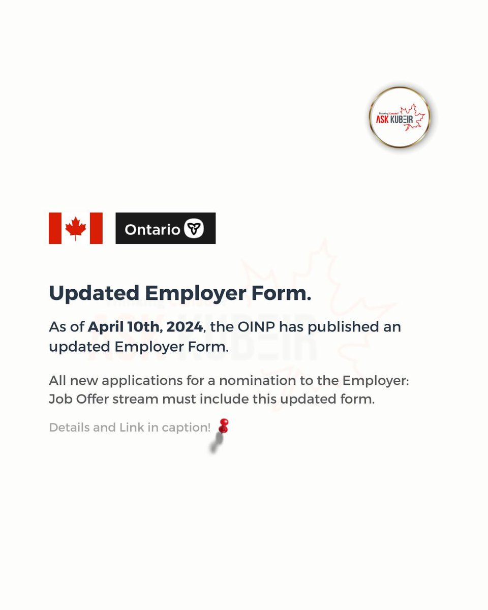 AskKubeir's tweet photo. As of April 10th, 2024, OINP has released an updated Employer Form, "Application for Approval of Employment Position (Employer Form)" with version code 2024/04.
Read More:
Official Update: https://t.co/QbOLfupvbP
Forms: https://t.co/BbzGwlLEsk
#EmployerJoboffer #OINP #Ontario https://t.co/ubfuxfkgYd