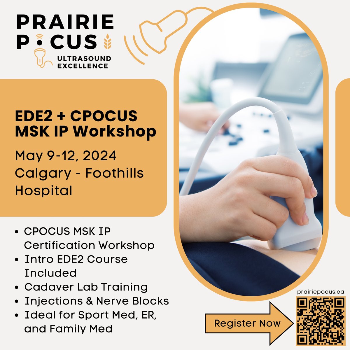 🔍 Elevate your MSK Ultrasound skills at our EDE2 MSK BOOTCAMP in Calgary, May 9-12, 2024! Join us for an intensive hands-on training experience led by experts in Point-of-Care Ultrasound. 📋 Learn more and secure your spot now: prairiepocus.ca/course/ede2-ms…