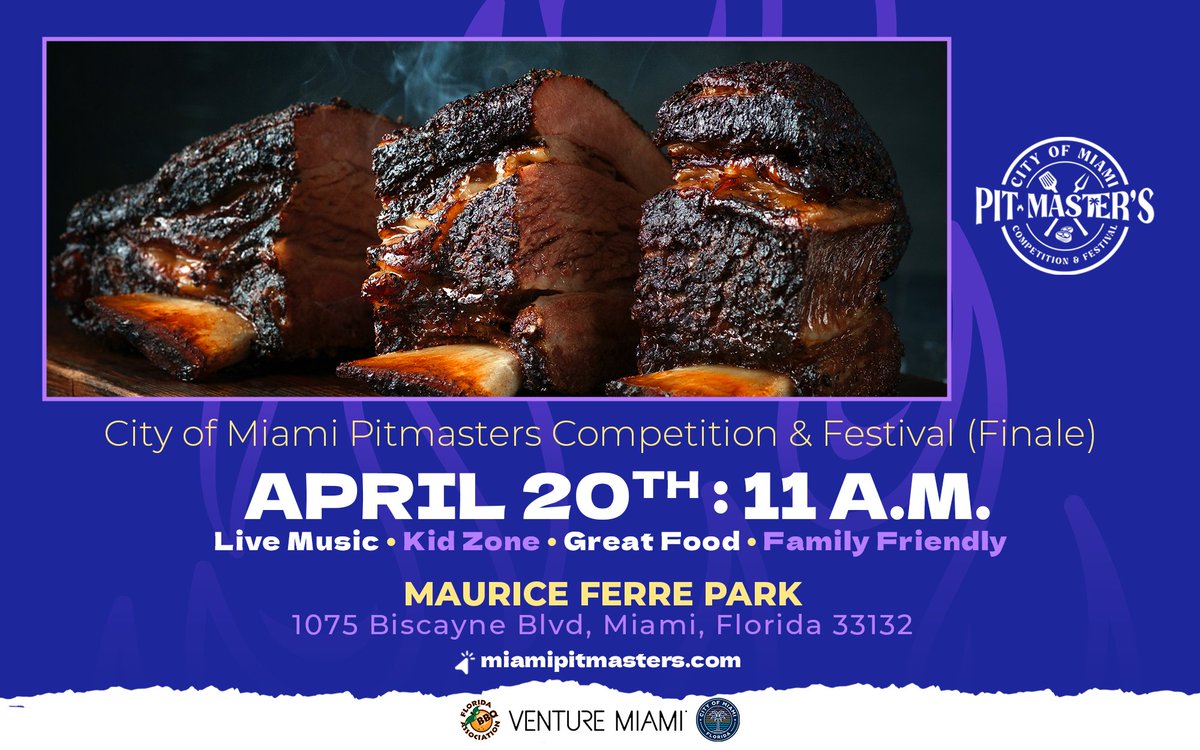 The inaugural City of Miami Pitmasters Competition and Festival is coming to Maurice A. Ferré Park on April 20th, 11AM-7PM. This FREE community event celebrates the art of BBQ, featuring mouthwatering eats from around the region, and entertainment. @VentureMiami. @MiamiMayor