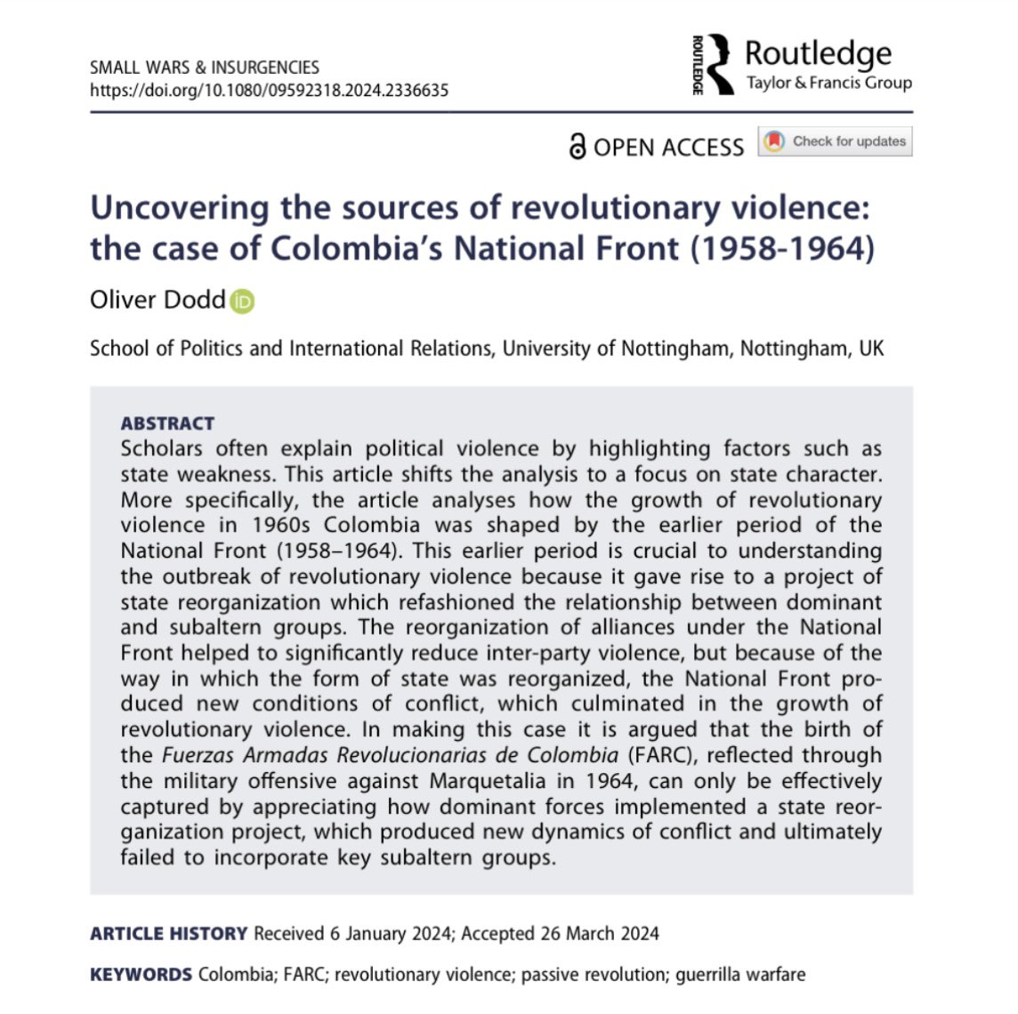 🚨[Open Access] Publication Alert🚨 New article out analysing Colombia’s National Front (1958-1964) and the role it played in marginalising subaltern groups and facilitating revolutionary violence 👇 tandfonline.com/doi/full/10.10…