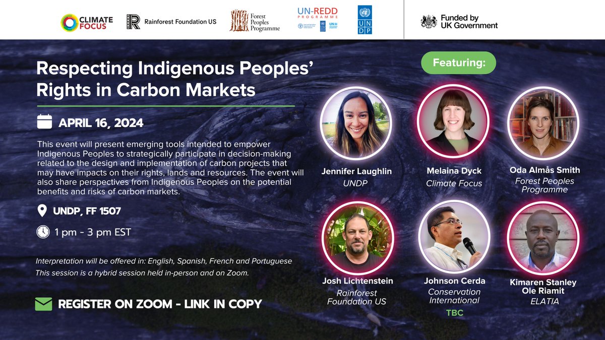#UNPFII Side Event: 'Respecting #IndigenousPeoples rights in #CarbonMarkets' Hear Indigenous perspectives and discover tools intended to empower their decision-making whether or not to engage in carbon projects. 📅Apr 16, 1 PM EST 📍UNDP FF 1507/Zoom 🔗undp.zoom.us/webinar/regist…