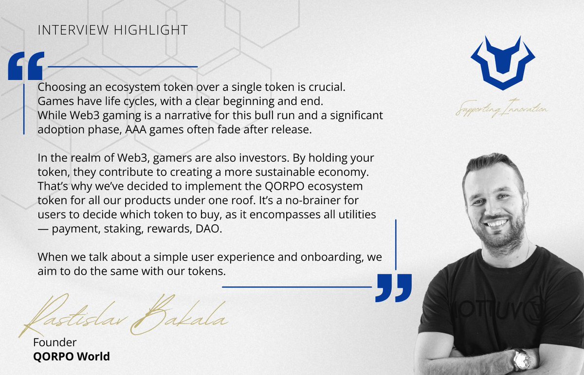 A highlight from our interview with @RastislavBakala, where we asked; 'Can you share the thought process behind a single token for all products, provide a utility rundown and explain it's fundamental place within the present + future ecosystem?' Here was his answer 🧠 $QORPO