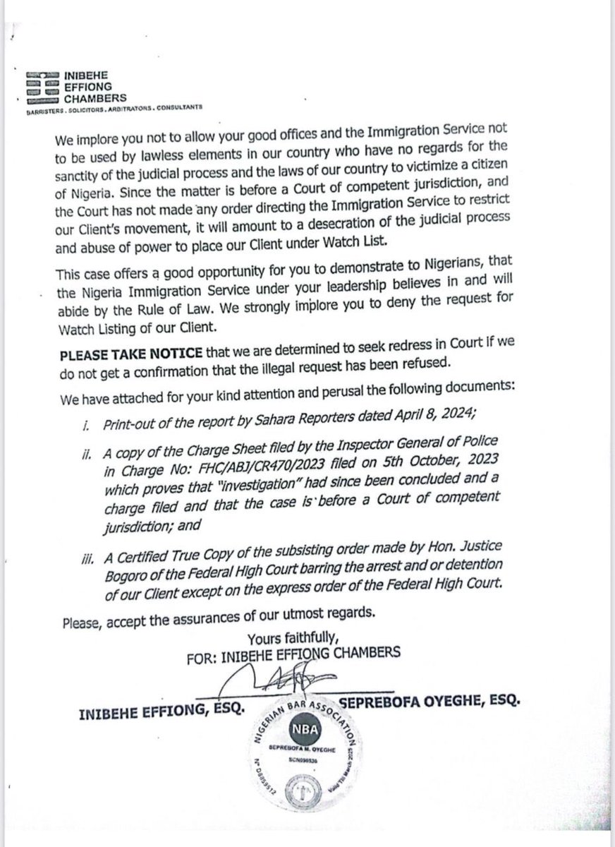 Still on Erisco Foods v. Chioma Okoli Chioma’s lawyer @InibeheEffiong, has responded to the letter from the IGP asking the Nigerian Immigration Service to restrict Chioma Okoli from ever leaving the country and to arrest her if sighted at departure points. The problem with this…