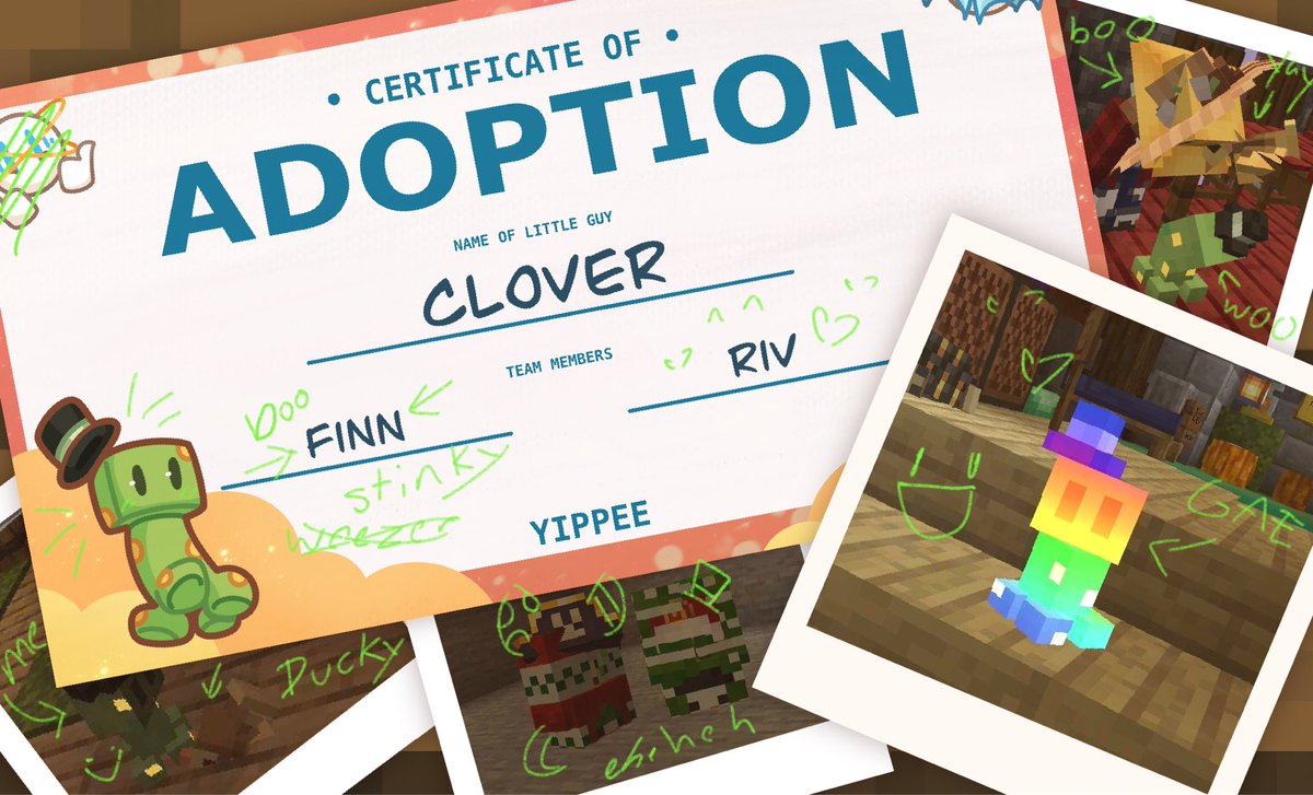 INTRODUCING the next little guy adoption certificate scrap book!
 ╰┈➤ ❝ Clover ❞ ☽₊⊹

#Minecraft #smp #join #qsmp 
If you want to be a player or an admin for a little guy like this comment or fill out the app! The little guy apps will be open through the weekend!!