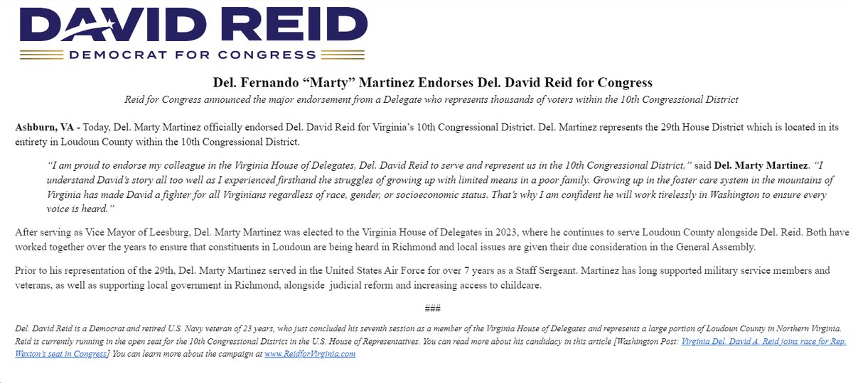 Del. @MartyForUs endorses @DavidReidVA for VA10 bluevirginia.us/2024/04/friday…