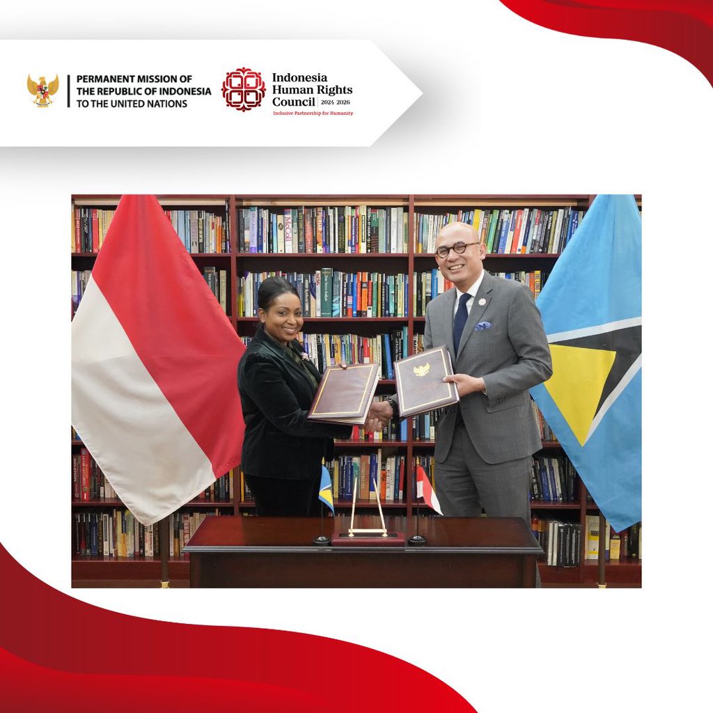🇮🇩 and 🇱🇨 are delighted to announce the signing of the Agreement between the Permanent Mission of Indonesia and the Permanent Mission of Saint Lucia , in New York, 8 April 2024, to foster a meaningful partnership between the two countries. #IniDiplomasi