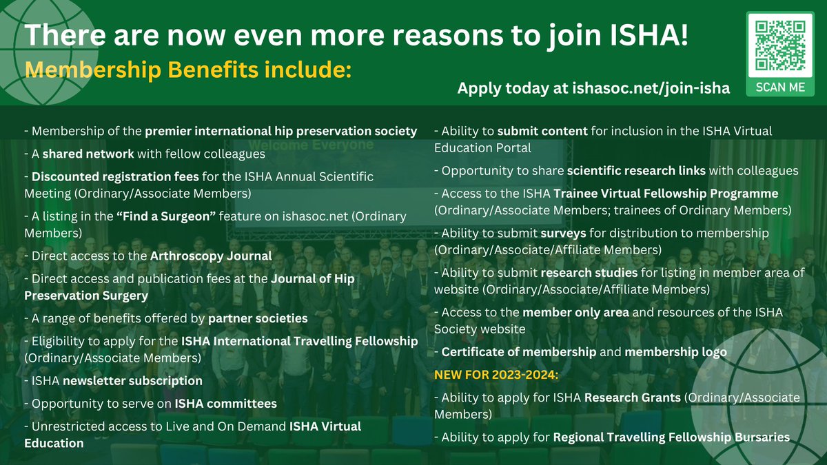 Calling all non members! Register for the ISHA 2024 ASM by July 31st, 2024 to enjoy FREE membership of ISHA until May 31st, 2025 with the Registration + Membership Package. Details and T&Cs at: oaandgap.eventsair.com/isha-2024/regi… #isha2024 #continuingeducation #networking #HipPreservation