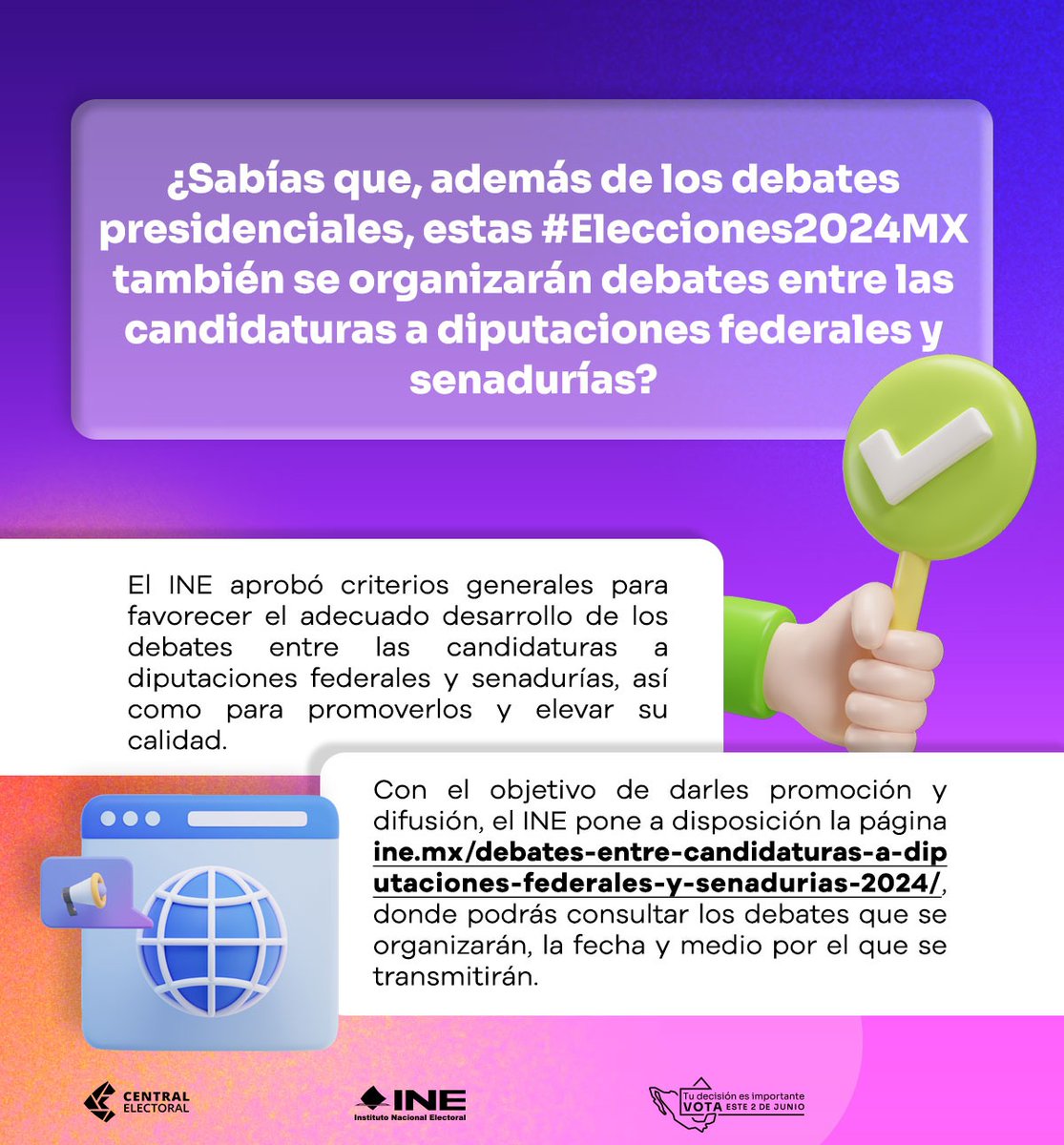 🗣 Conoce la información relativa a los debates que se organizarán entre candidaturas a diputaciones federales y senadurías en estas #Elecciones2024 🗳 tinyurl.com/3ufaepnw.