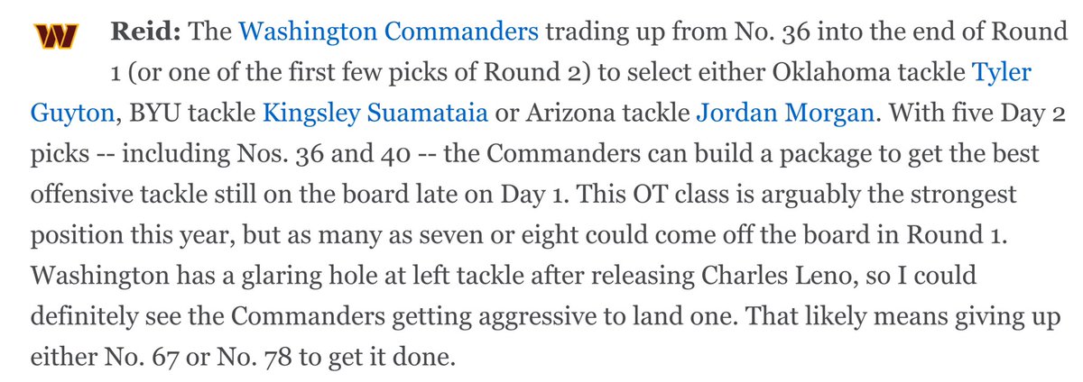 Already having five Day 2 picks, the #Commanders trading back into the first round for an OT after drafting a QB at No. 2 overall is one move that makes way too much sense to me—now with Charles Leno gone. Scouting Notebook: espn.com/nfl/draft2024/…