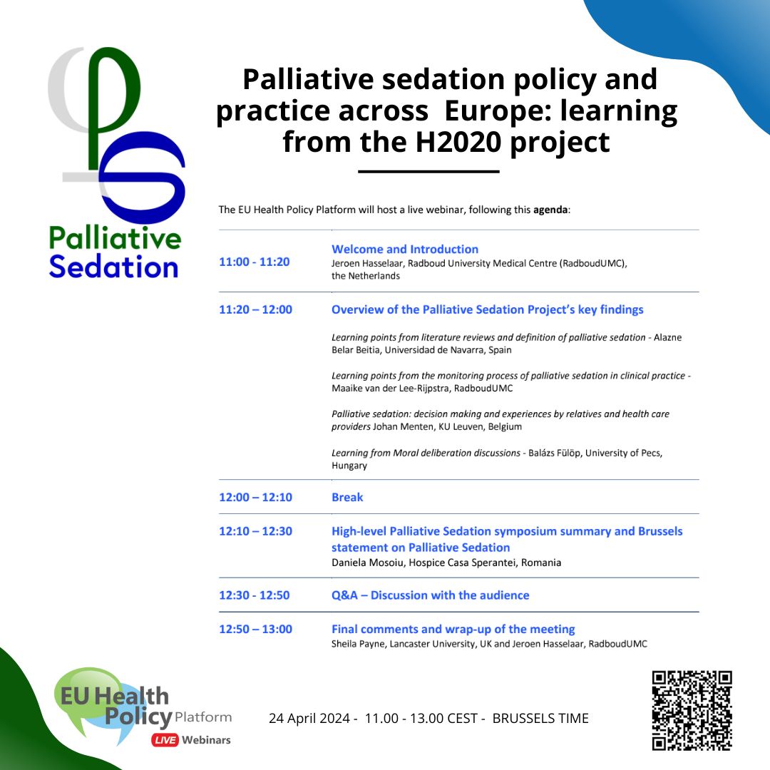 #PalliativeSedation Webinar with @EU_Health Join us online on the 24th of April 2024 and participate in this webinar on good practices in this area in different European countries. Free attendance here: shorturl.at/FKMQ2 @EAPCvzw @EU_Commission @WHO_Europe @CORDIS_EU