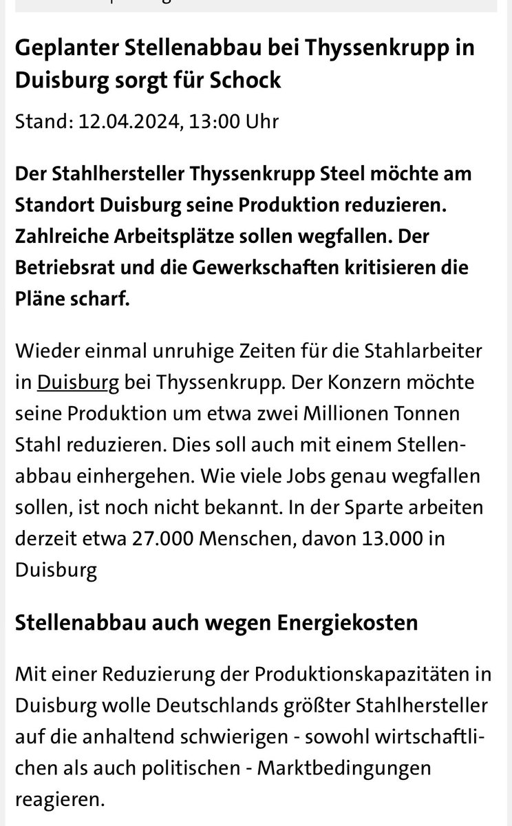 #ThyssenKrupp senkt Stahlproduktion um 20%. Stellenabbau um mindestens 5.000 Facharbeiter. Milliarden Subventionen an Steuergeldern verloren. #Grüne und #Habeck jubeln, weil durch die weitere Vernichtung der deutschen Wirtschaft die wichtigeren #Klimaziele erreicht werden. 😁