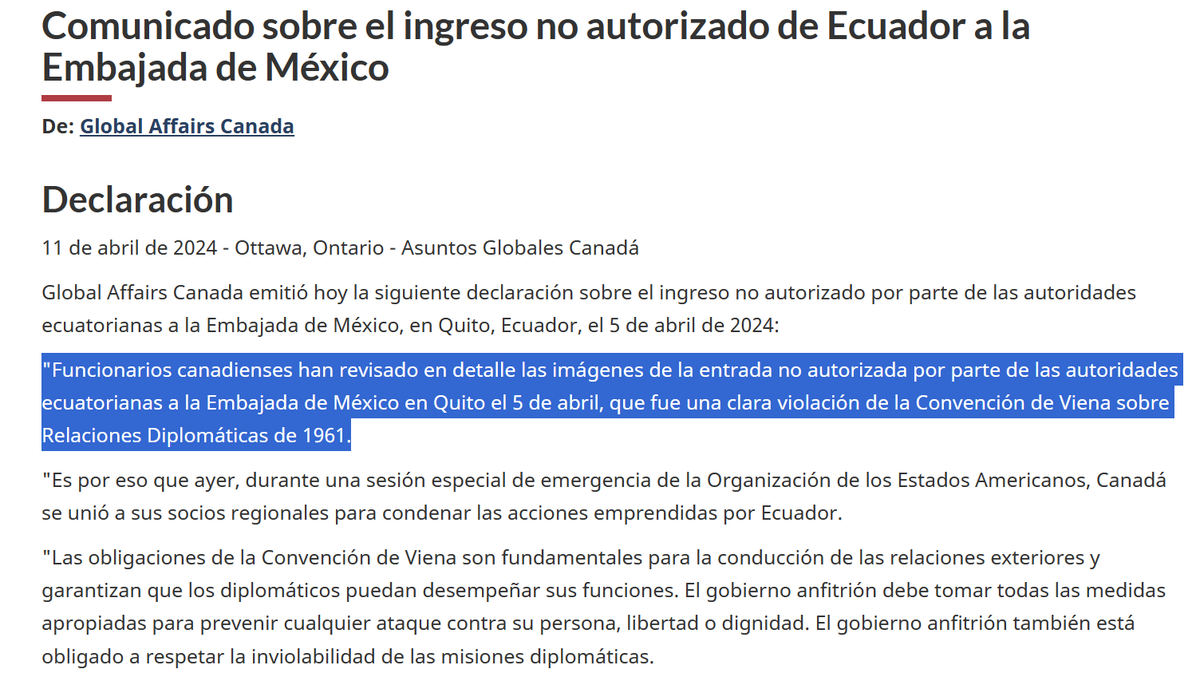 #Canada condena la entrada ilegal de #Ecuador a la embajada de #Mexico en #Quito, violando el Convenio de #Viena sobre Relaciones Diplomáticas de 1961.

#EcuadorBajoElFascismo 
#MexicoSeRespeta