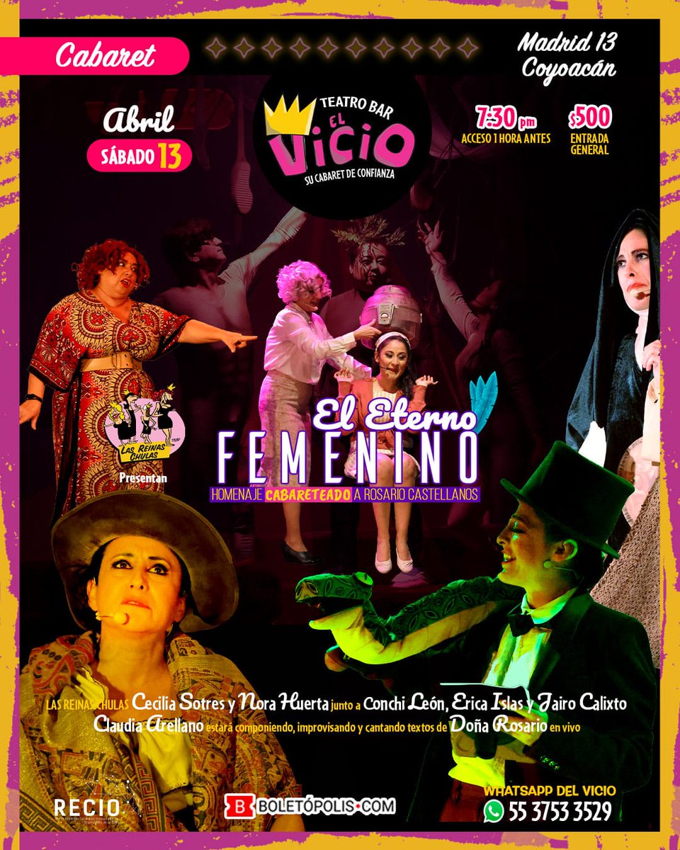 Tenemos 3 pases dobles para 'EL ETERNO FEMENINO” de @lasreinaschulas El sábado 13 de abril, a las 7:30pm En Teatro Bar el Vicio (Madrid 13, Del Carmen, Coyoacán) Danos Repostear, tu nombre completo y te apuntamos. ¡Suerte!