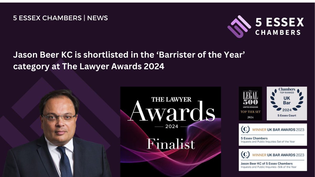 5 Essex Chambers (@5essexchambers) on Twitter photo Congratulations to Head of Chambers, Jason Beer KC on being shortlisted in the 'Barrister of the year' category at The Lawyer Awards 2024. The winners will be announced at the Awards ceremony on 18 June. Find out more about these prestigious awards here: lnkd.in/eb4xMmN Congratulations to Head of Chambers, Jason Beer KC on being shortlisted in the 'Barrister of the year' category at The Lawyer Awards 2024. The winners will be announced at the Awards ceremony on 18 June. Find out more about these prestigious awards here: lnkd.in/eb4xMmN
