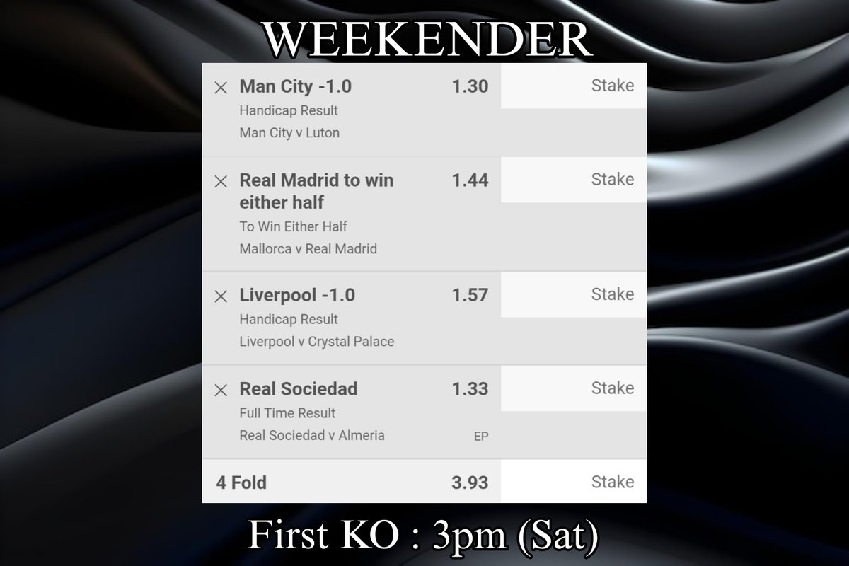 WEEKENDER 

First KO : 3pm (Sat)

England/Spain 🏴󠁧󠁢󠁥󠁮󠁧󠁿 🇪🇸 

#Tips #Bets #Betting #Football