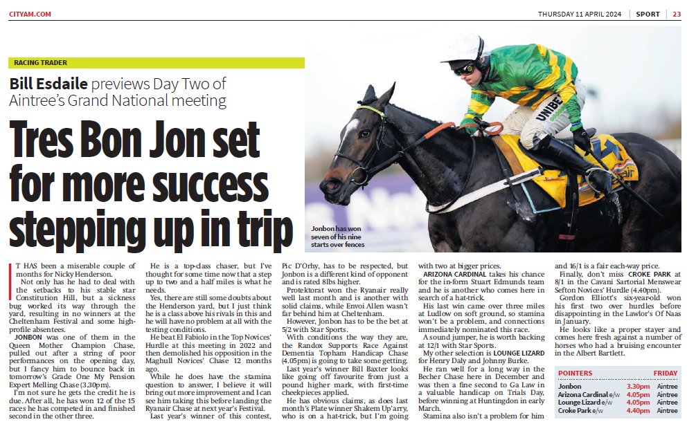 A good day at Aintree for @CityAM readers! @BillEsdaile tips the 20/1 winner of the Topham, Arizona Cardinal, as well as the brilliant Jonbon. 👏 🏇 📰 #GrandNational