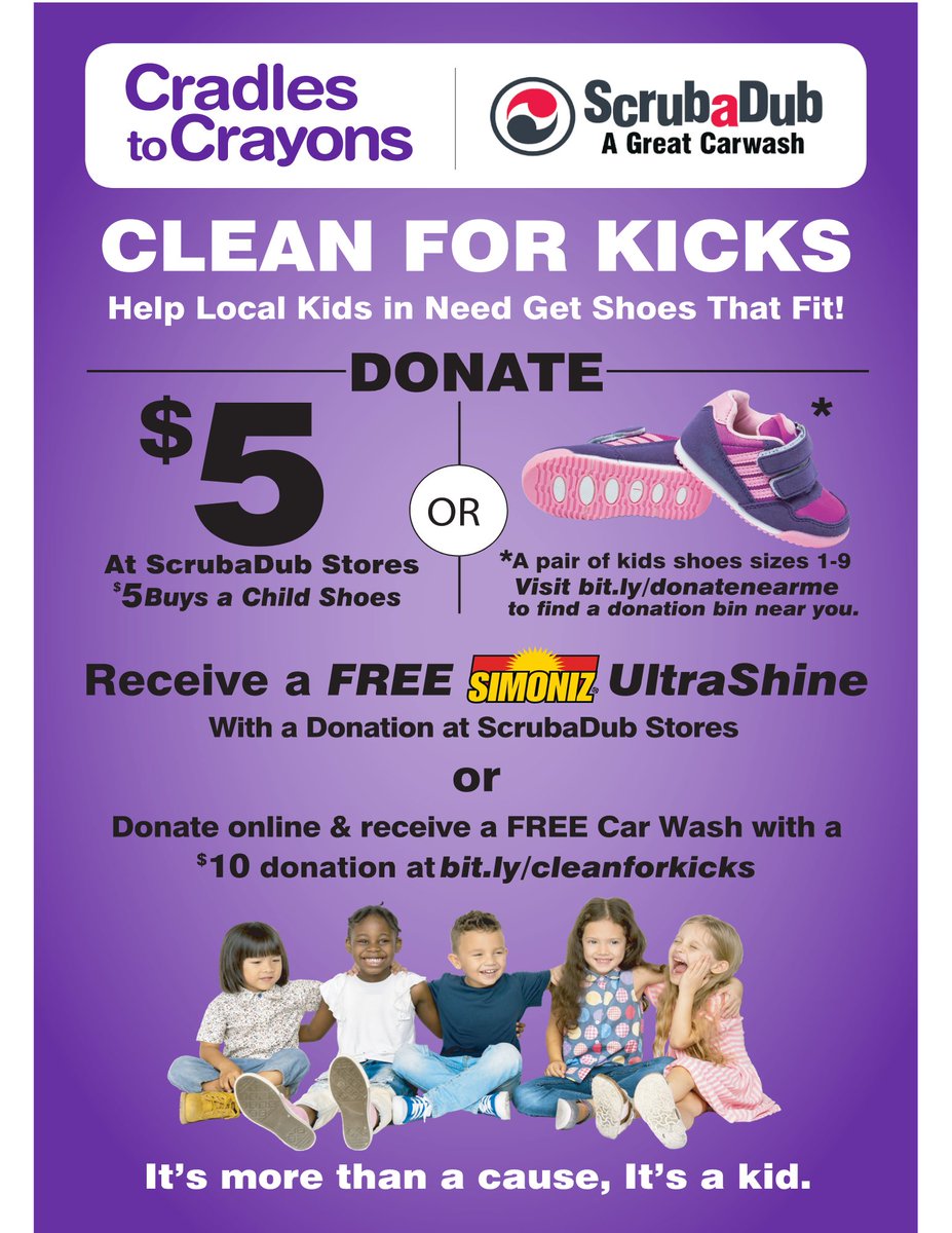 ScrubaDub is hosting the 'Clean for Kicks' fundraiser and shoe collection event from 4(10-25) to help underprivileged children. Donate $5 at the stores or kids' shoes (sizes 1-9). Donate online at bit.ly/cleanforkicks or find donation bin sites at bit.ly/donatenearme.