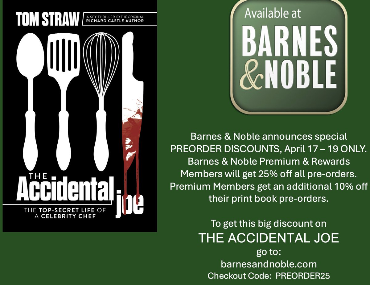 Big discount promotion at B&N for preorders next week. To save on my spy novel, THE ACCIDENTAL JOE, here's the link: barnesandnoble.com/w/the-accident… #BNPreorder @gretchenyoung16