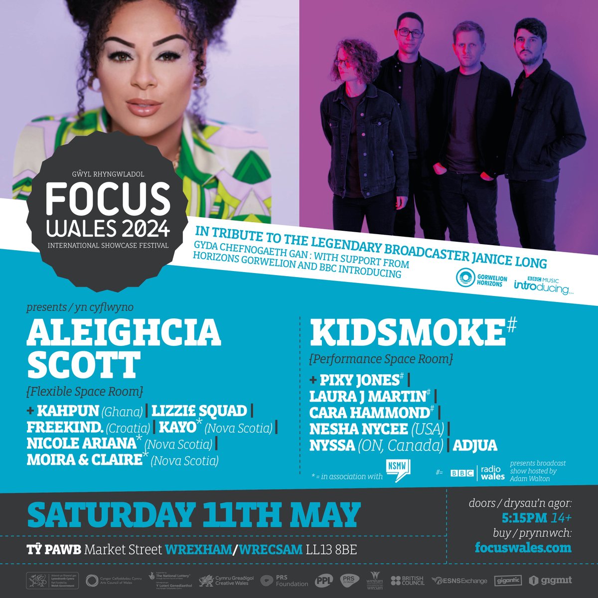 FocusWales's tweet image. 🎪 @AleighciaSings / @musicnovascotia / @BBCRadioWales #FOCUSWales2024 @Kahpun_ @squad_lizzie #freekind #KAYO #NicoleAriana @moiraandclairee @Kidsmokemusic @pixyjones @LauraJMartinuk @carahammond_ @neshanycee #Nyssa #ADJUA🎉 MAI 11 MAY @TyPawb #WREXHAM 🎫 focuswales.com