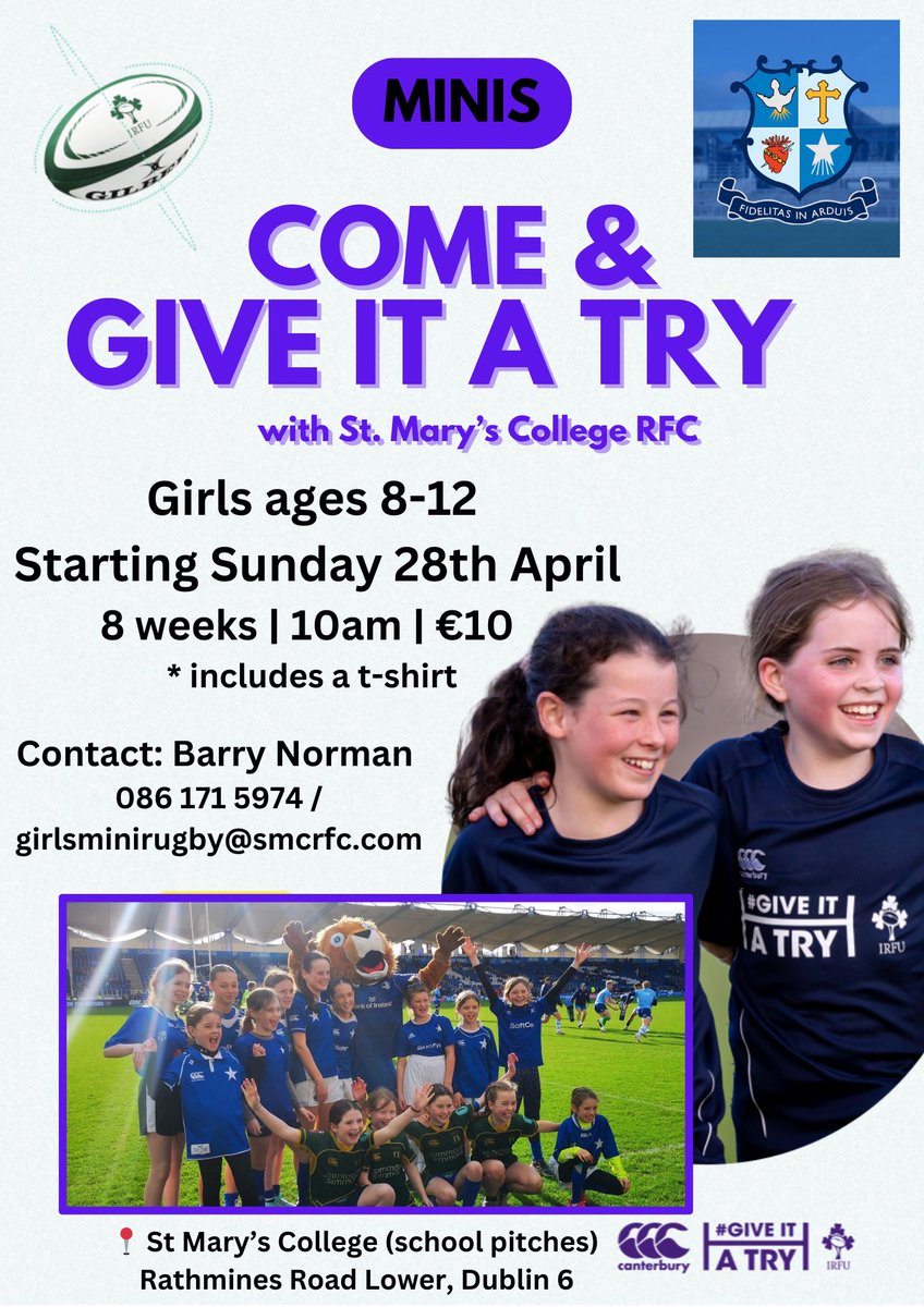 CALLING ALL GIRLS AGES 8-17! 📣 The 8 week Give It a Try programme run by @irishrugby returns to St. Mary’s College RFC! This is a fantastic opportunity for girls ages 8-17 to try out rugby 💪🏼 Registration is €10 and includes a t-shirt. Contact details below. Come join us 💙