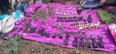 Security forces have recovered a huge cahe of arms & ammunition form Gangbug forest area in Kupwara. There was specific information about terrorist activities, when arms were recovered. These arms & ammunition are used to spill blood in Kashmir & cause destruction.