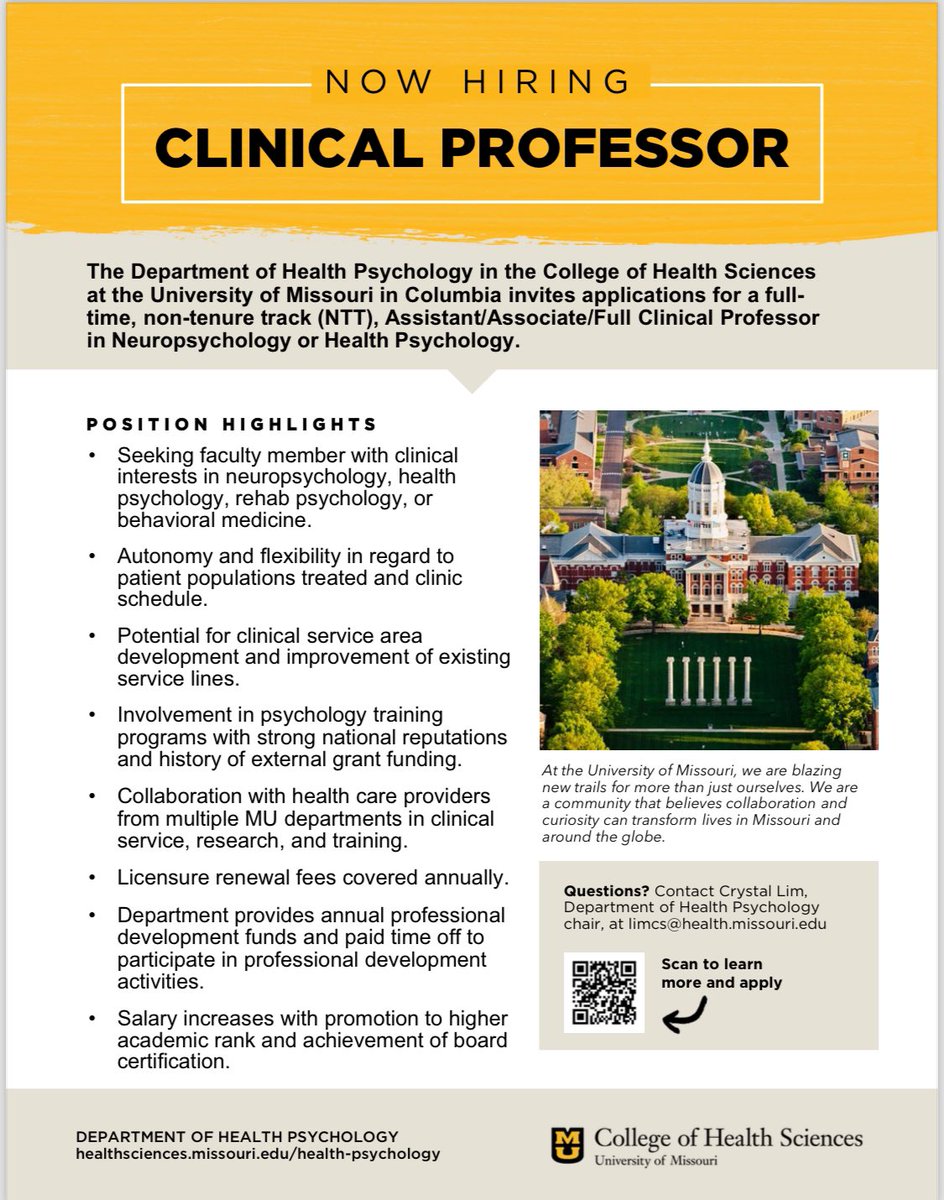 #jobalert Our department is recruiting an open rank clinical professor. Folks with neuropsych, health psych, and rehab psych backgrounds encouraged to apply. Please RT.
