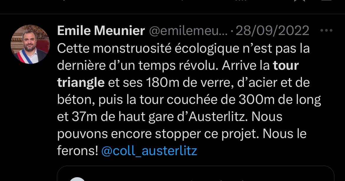 @TanguiLeDantec @emilemeunier @EELV @EELV_Paris @ecoloParis @Philippe_Goujon @egregoire @HerzogdeMeuron @AXAFrance @ChristopheBechu @urw_group @Xavier75 Cela dit, cher Tangui, Emile Meunier est toujours resté cohérent sur le sujet. Malheureusement cette tour triangle se fait par la faute d’@Anne_Hidalgo ET @datirachida, ne l’oublie pas.