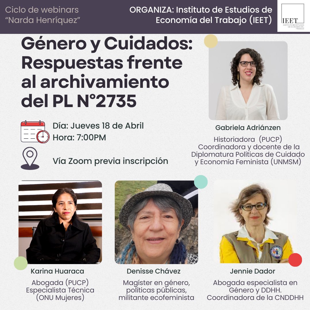 IeetLaboral's tweet photo. El 5 de abril, el Congreso archivó el PL 2735 "Ley que reconoce el derecho al cuidado y crea el Sistema Nacional de Cuidados", bloqueando una iniciativa que hubiera mejorado la vida de miles de mujeres que cuidan niños, niñas, adultos mayores y discapacitados.

¡Nos vemos el 18! https://t.co/G09Oc2QJU9