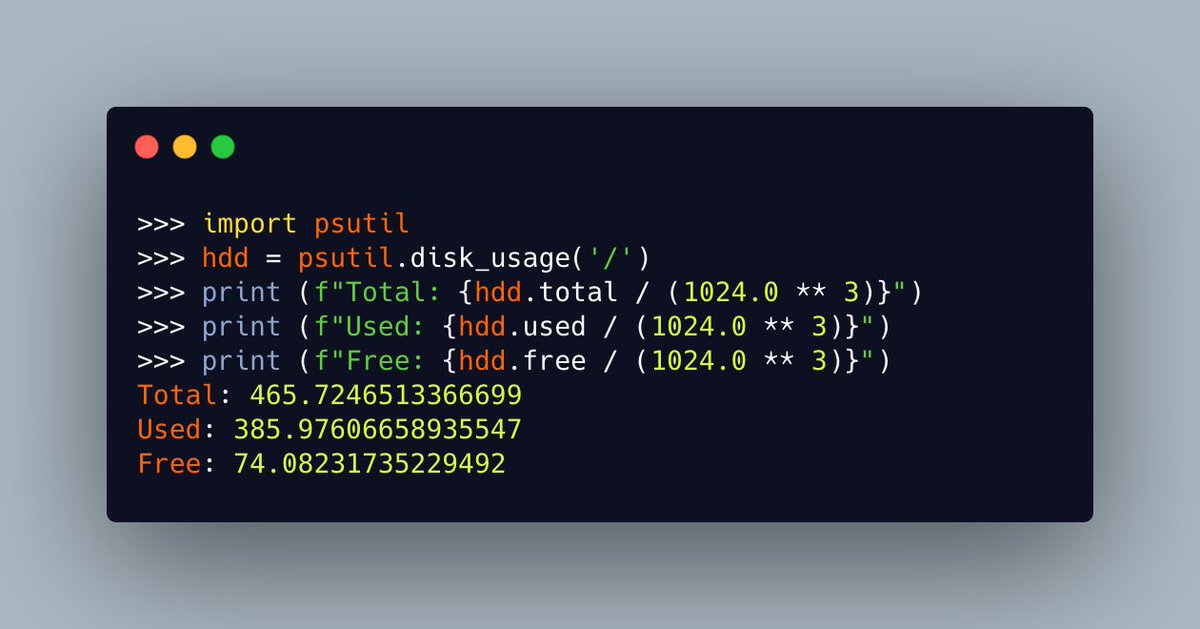 Want to know what your hard disk usage is with #Python? You can do that with the amazing psutil package! You'll need to pip install it, but you can use it for lots of handy tasks, such as this one: