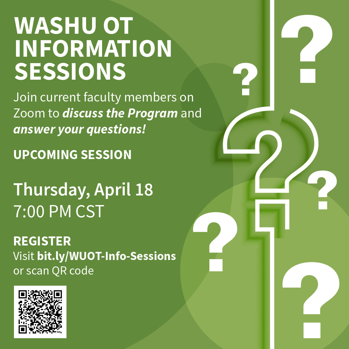 Register now for our April 18 Info Session! Faculty member Kathy Kniepmann, OTD, CHES, OTR/L, will discuss the Program and answer questions. Register at bit.ly/2023-WUOT-Info… or by scanning the QR code below. #WashUOT #otcareers #oteducation