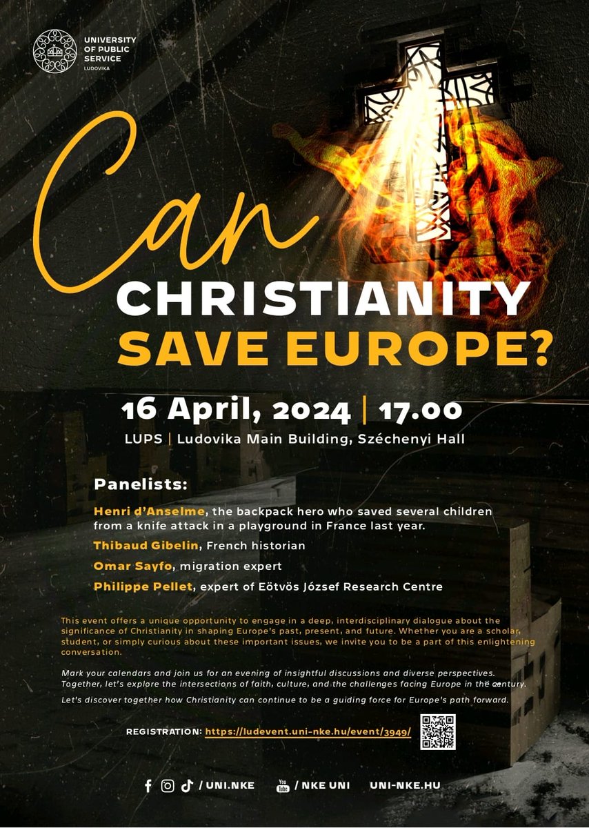 ✝️Can Christianity Save Europe? 💬Join the conversation next week at @uni_nke as MCC scholars @ThibaudGibelin and Omar Sayfo of @mri_hungary, among others, discuss the nature, interplay, and future of European Christianity. Register Here: ludevent.uni-nke.hu/event/3949/