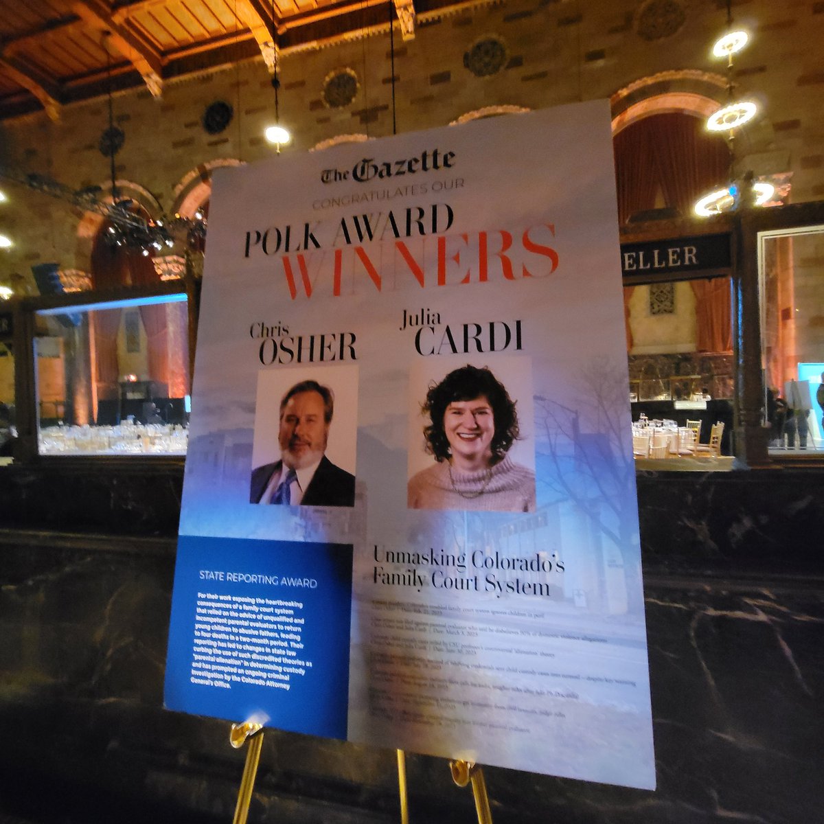 Live at the Polk Awards. Chris Osher and Julia Cardi of The Gazette uncovered a corrupt Colorado social welfare system that returned abused children to their families...resulting in 5 murdered by parents.