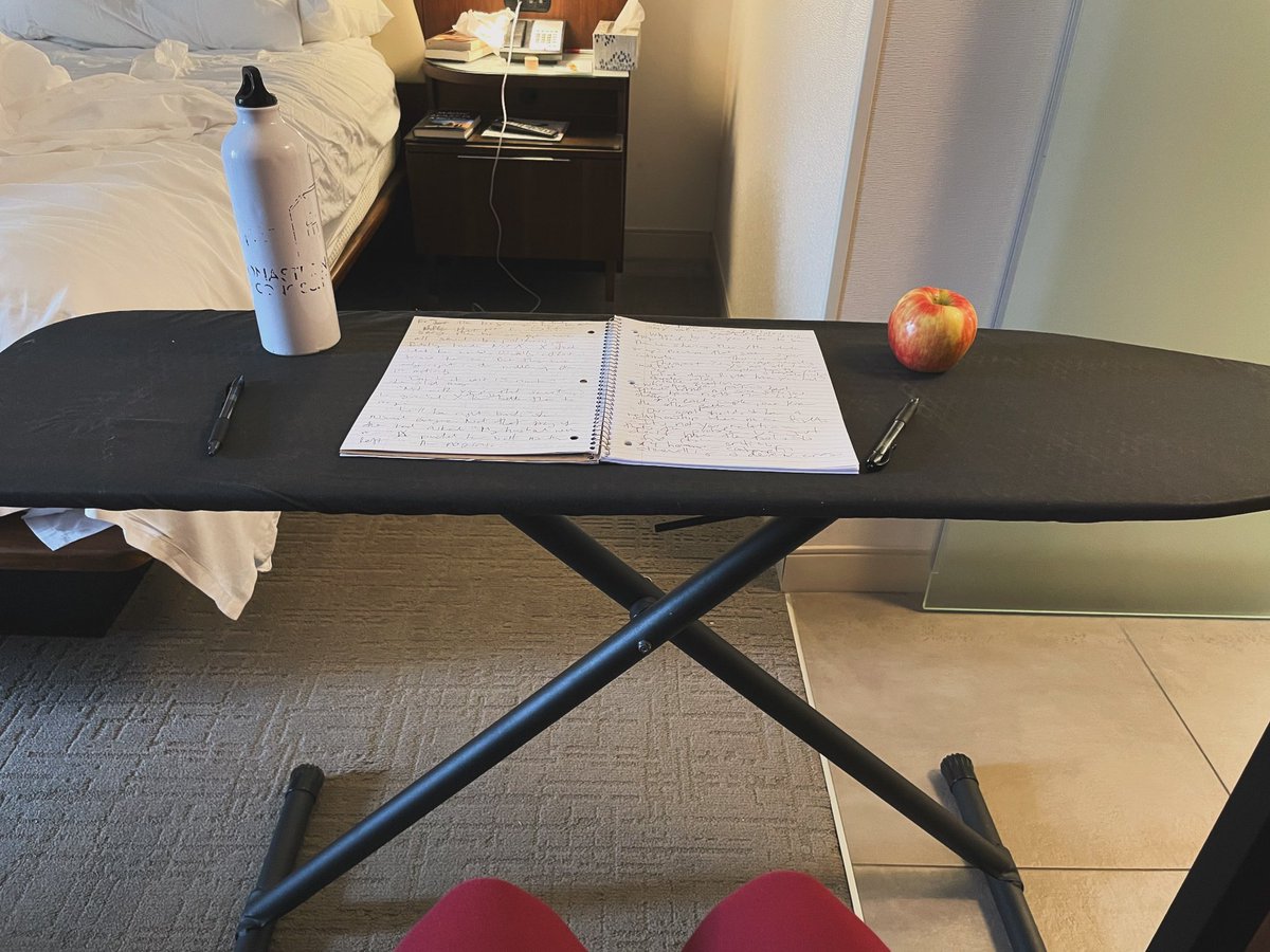 Writing in a hotel—Day 6. Ironing board desk. I can’t think when I last even used one of these, but I’m drafting a fight scene and channeling the spirit of generations of women who thanklessly ironed, starched, & pressed and aren’t gonna do it any more. @ebww