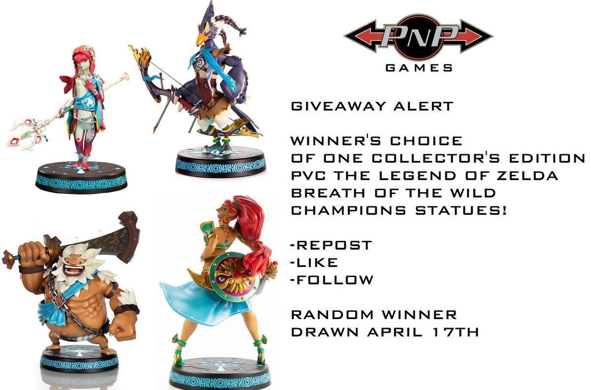 GIVEAWAY ALERT - REPOST, LIKE, AND FOLLOW PNP GAMES for your chance to WIN your choice of ONE Collector's Edition PVC The Legend of Zelda: Breath of the Wild Champions Statues from F4F!* #VideoGames #Nintendo #NintendoSwitch #TheLegendofZelda #BreathoftheWild #LOZ #Canada