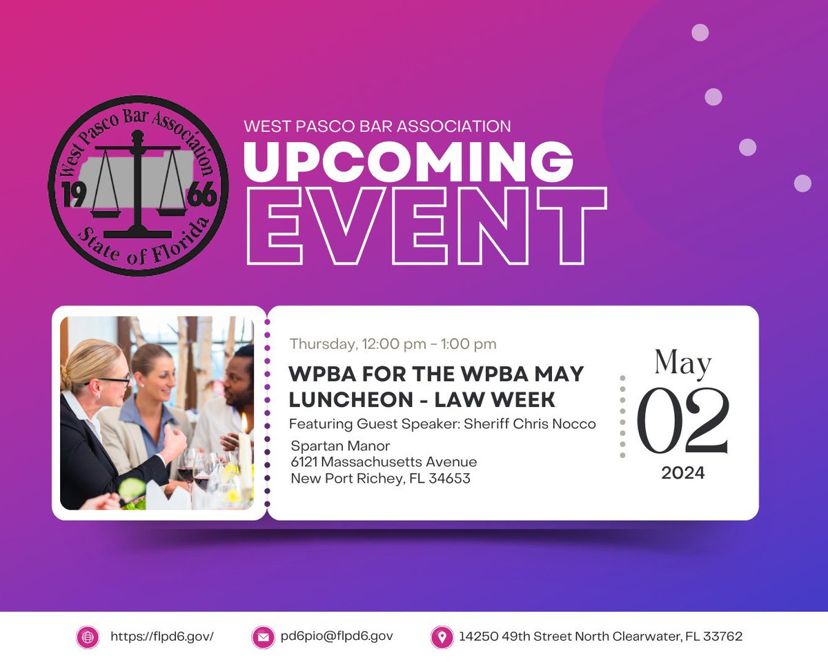 PD6SaraMollo's tweet image. Don’t miss the WPBA May Luncheon - Law Week featuring Guest Speaker: Sheriff Chris Noccois happening on Thursday, May 2nd, 2024 from 12:00 pm to 1:00 pm at Spartan Manor.

Register here: wpba.wildapricot.org

#WestPasco
#LawWeek
#PD6SaraMollo