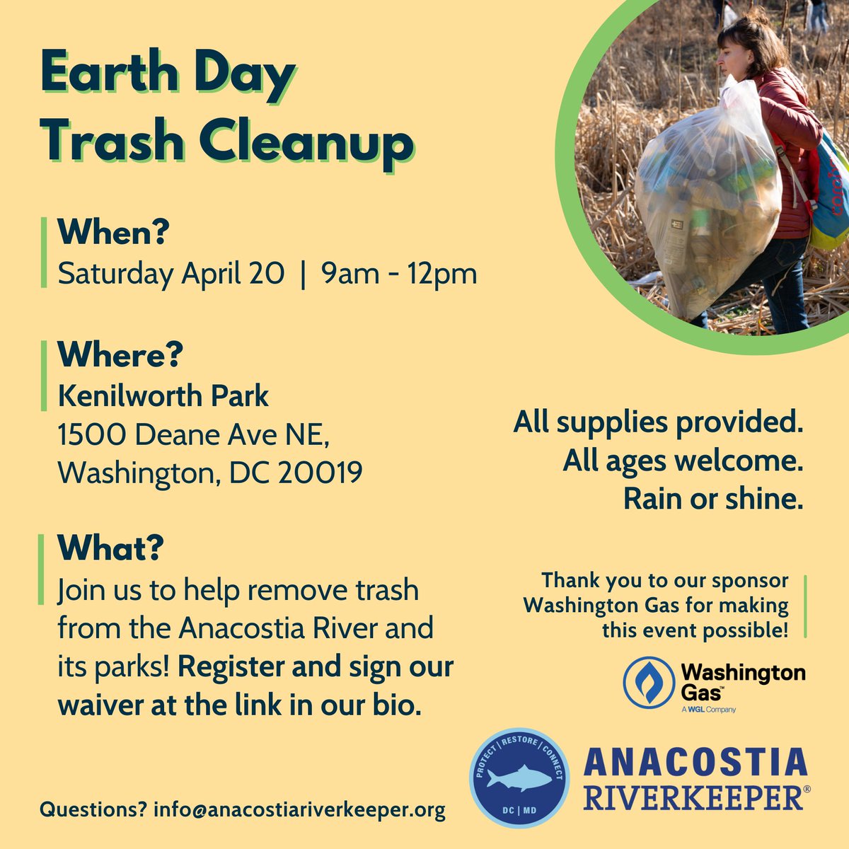 Join us on Earth Day to clean the Anacostia River! 🌎 We’re hosting a community trash cleanup at Kenilworth Park next Saturday April 20th from 9am-12pm. Thank you to @washingtongas for sponsoring this cleanup. #TrashFreeDC Register here: shorturl.at/cjvGJ