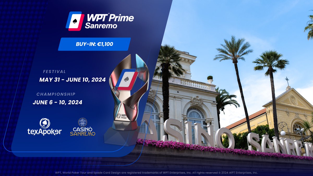 🔥 Du 31 mai au 10 juin, le WPT Prime est de retour au Casino de Sanremo avec son Main Event à 1 100€ ! Programme complet à venir #poker #pokerlive #savethedate ✍ Toutes les infos texapoker.net/fr/actualites/…