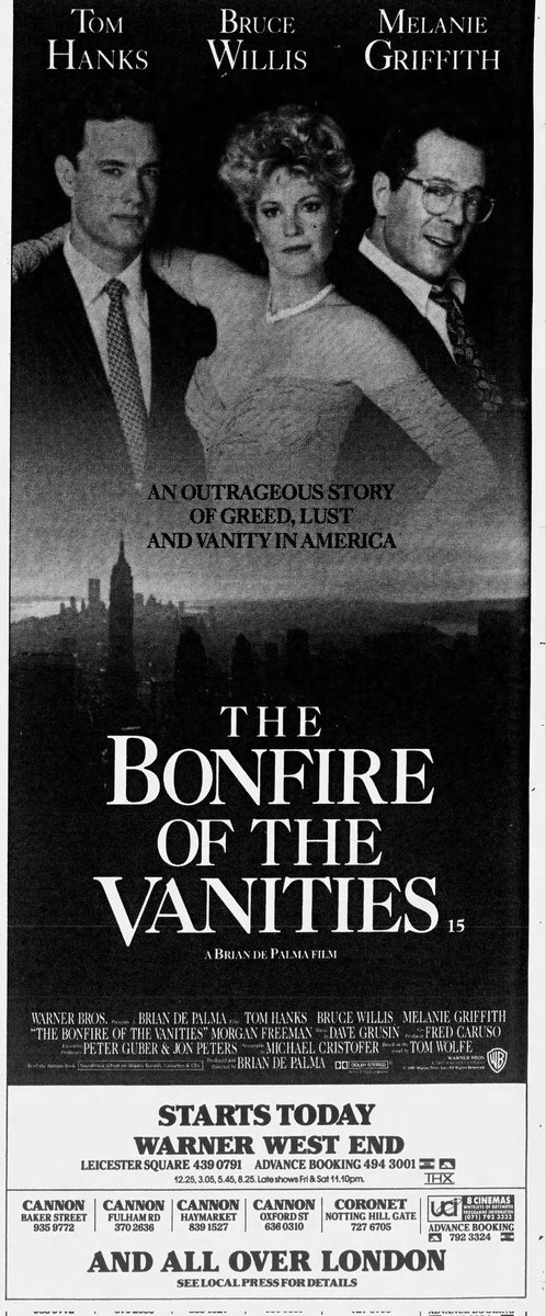 Brian De Palma's THE BONFIRE OF THE VANITIES opened in London on this day April 12th, 1991..