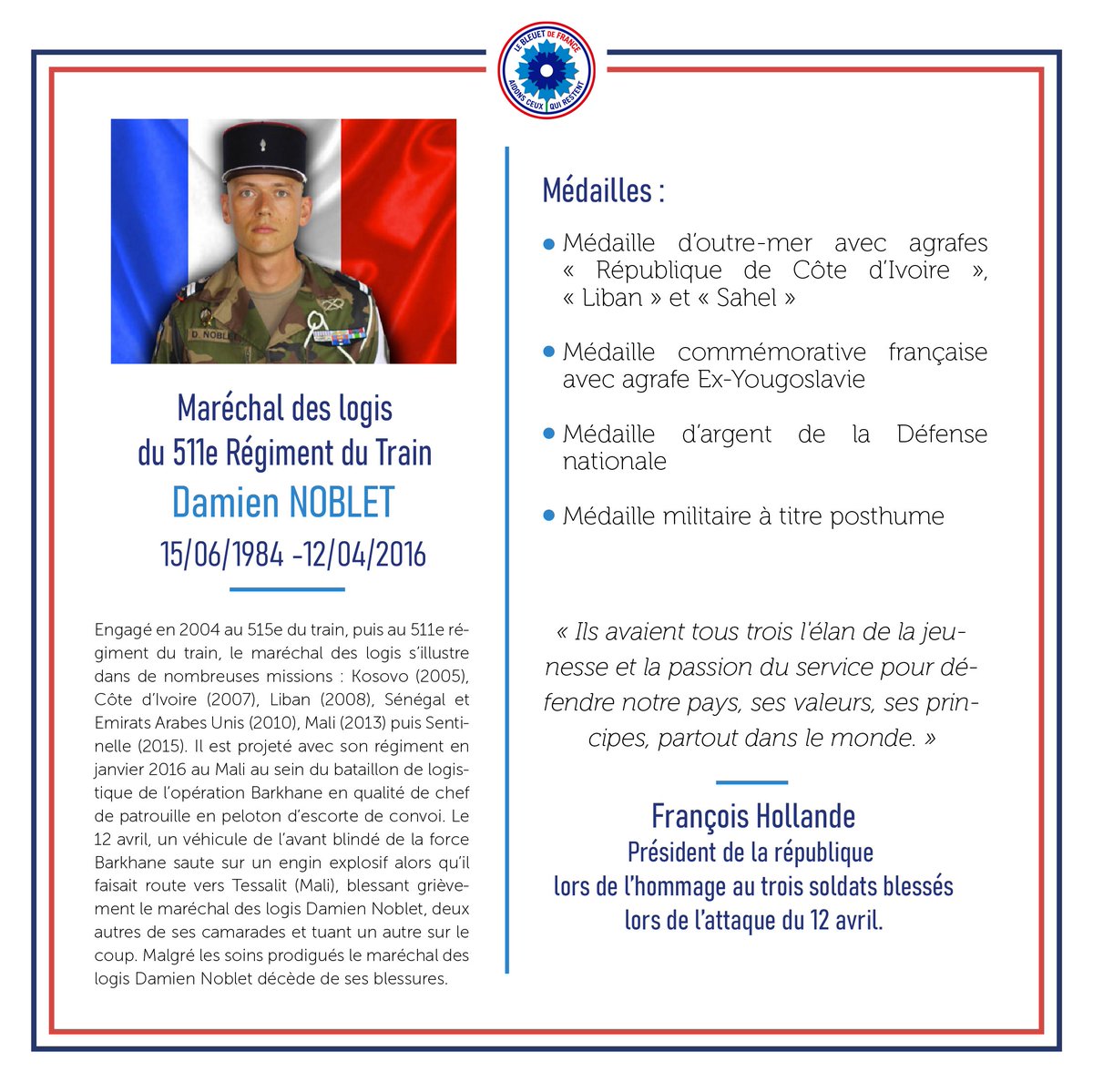 Hommage à 4 héros tombés pour la 🇫🇷 : Caporal Hutnik du 2e Rep, 1re classe Poo-Sing, brigadier Chauwin et maréchal des logis Noblet du 511 RT. Votre sacrifice ne sera jamais oublié 🕊️ Le #BleuetDeFrance fait vivre la mémoire de ses soldats et se tient aux côtés de leurs proches.