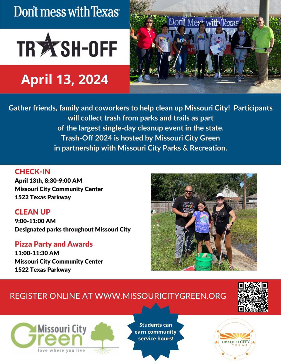 Help keep Missouri City beautiful and clean at our Don't mess with Texas Trash-off Event! Tomorrow, participants will help collect trash from parks and trails! Students are encouraged to come and earn community service hours! Register online at: missouricitygreen.org.