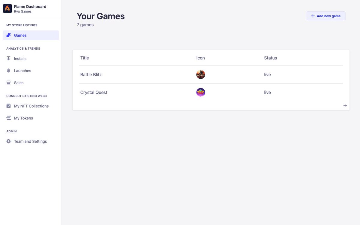🚀 The Flame Developer Dashboard: It's never been easier to list your game on Flame. Simple management, insightful analytics, and access to a wider audience are all just a click away. Get started now: developer.flamestore.xyz